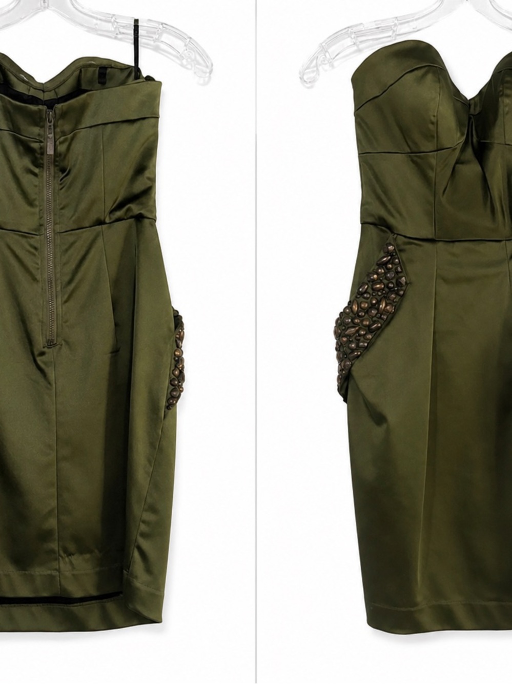 bebe Olive Strapless Beaded Pocket Cocktail Dress